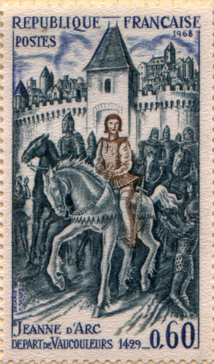 Vaucouleurs, where Joan of Arc left from 22 February 1429 to go to Chinon. Issued by the French post office in 1968, the stamp 