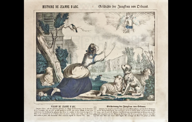 Vaucouleurs: Series of four chromolithographs on vellum paper of Joan of Arc in the Wentzel imaging, performed in Wissembourg (Alsace) in 1864. 1 / The Vision.