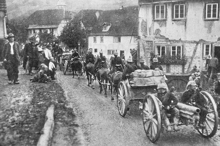 Battles of the Marne: German soldiers through a village near the front in the summer of 1914. (This historic photo archive is not available for sale and only presented here to set the context).