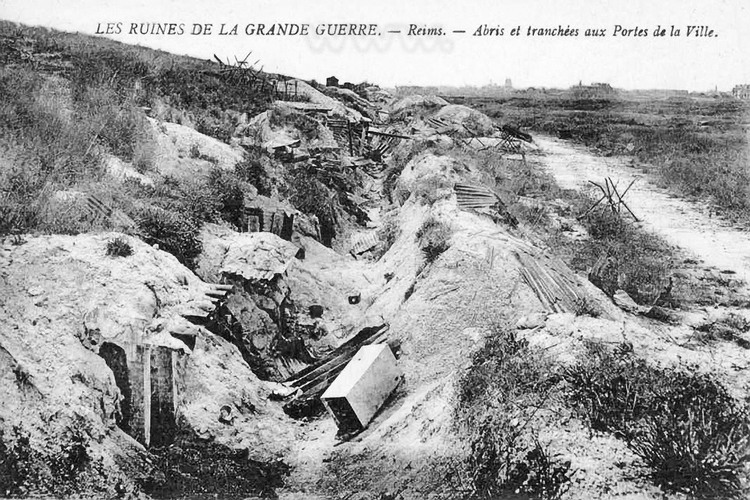 Battles of the Marne: The city of Reims during the Great War.  Shelters and trenches on the gates of the city. The city was 80% destroyed by German bombing. (This historic photo archive is not available for sale and only presented here to set the context).