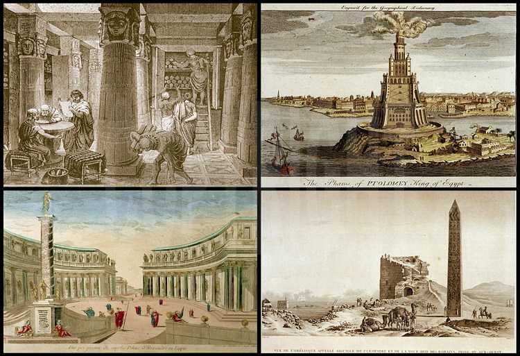 Sélection de documents anciens confiés à la Biblioteca Alexandrina, représentant d'anciens bâtiments de la ville antique : de gauche à droite et de bas en haut, la bibliothèque d'Alexandrie, la phare d'Alexandrie, le palais d'Alexandre et les aiguilles de Cléopâtre.