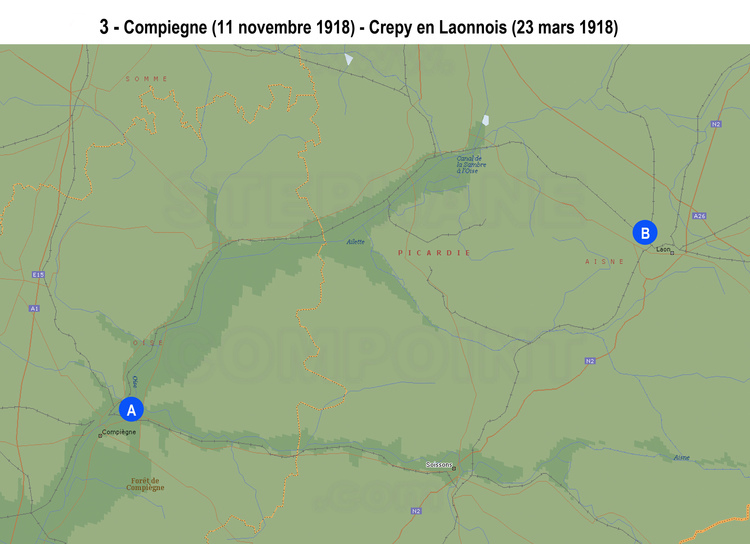 Compiègne et Crépy en Laonnois, situation des sites : 
A : Clairière de L'Armistice du 11 novembre 1918 à Compiègne (Rethondes), photos  52 à 57.
B : Vestiges du canon allemand 