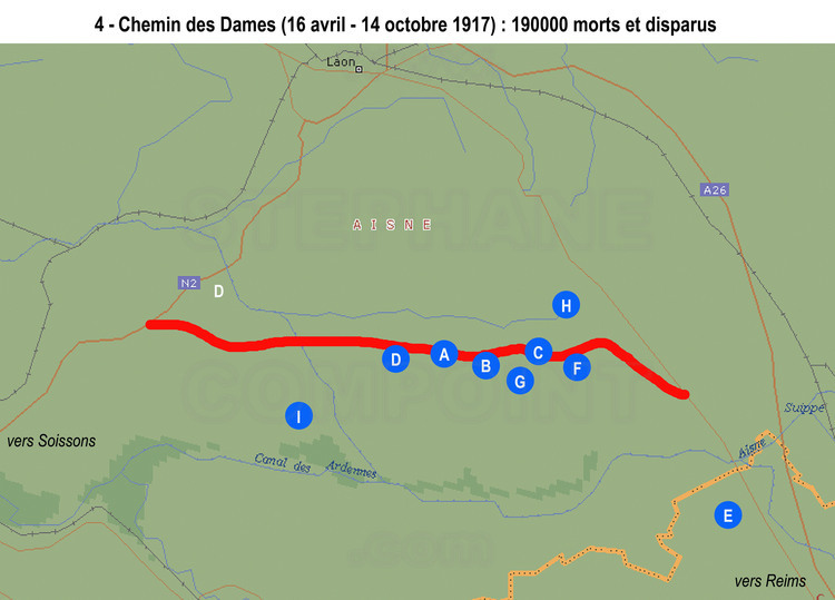 The Chemin des Dames (outlined in red), situation of sites:
A: The Chemin des Dames, now a small paved road, photo 62.
B: The Cave of the Dragon remains and place to visit, photos 63-66.
C: The plateau of California, photos 67-70.
D and E: The mutinies of the Chemin des Dames, photos 71-74.
F: The destroyed village of Craonne, photos 75-78.
G: The destroyed village of Oulches-la-Vallée-Foulon, 79-80.
H: The destroyed abbey of Vauclerc, photos 81-82.
I: In the village of Soupir, the detroyed castle and the french and German cemeteries, photos 83-85.