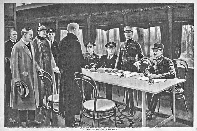 The signing of the Armistice, vintage engraving. Inside the wagon of the Armistice at Compiègne (Rethondes). The end of the First World War was signed on 11 November 1918, at 5:00 am, in a wagon transformed into an office near the railway station of Rethondes. Marshal Foch, french chief of the allied armies and general Weygand receive the surrender of the German delegation sent by the new Weimar Republic. The general cease-fire take effect six hours later. In 1922, the Glade of the Armistice is set up by the architect Mages in a large roundabout preceded by a path of 250 m long. A statue of Marshal Foch is erected. The exact replica of the wagon used for the signing of the armistice (the original was destroyed by Hitler in 1944) is installed in the museum, which was created in 1927. (This historic photo archive is not available for sale and only presented here to set the context).