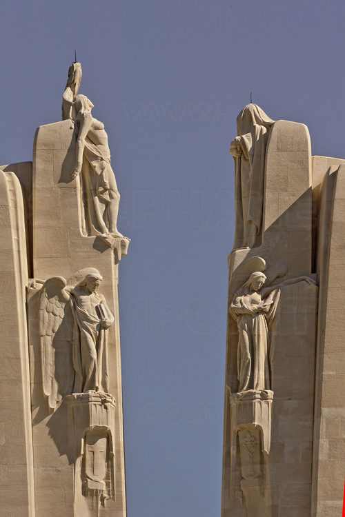Battle of Artois : Vimy Ridge, Canadian National Historic Site. Symbol of friendship between Canada and France, the two white towers of the memorial, built in the heart of the mining area, remember the sacrifice of 11,285 Canadians missing soldiers in France during the war. The monument stands where, after an assault launched on 9 April 1917, the troops with maple leaf, met for the first time within a non British army corps have won Vimy Ridge, marking a major chapter in the history of the Canadian nation. On the base of the monument is engraved in stone the following words: VIMY, VAILLANCE TO HIS SON IN THE GREAT WAR AND IN MEMORY OF THEIR SIXTY THOUSAND DEAD THE CANADIAN PEOPLE THIS MONUMENT IS RAISED. On the walls of the monument are the names of Canadian soldiers 