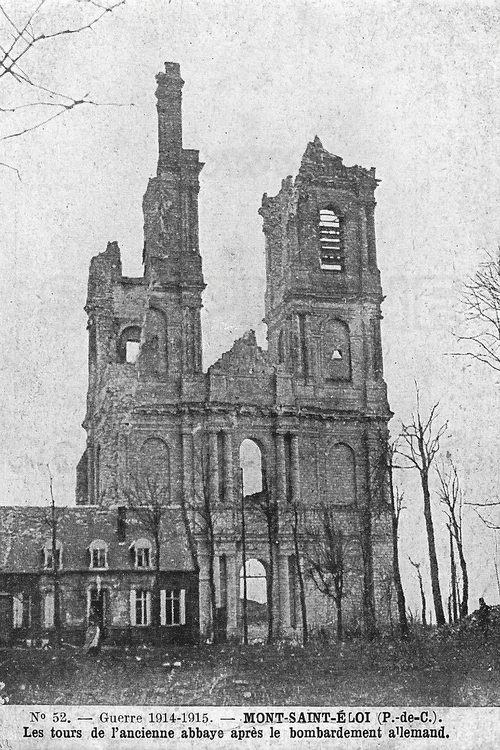 Battle of Artois: The abbey of Mont Saint Eloi after the war. Partially destroyed after the Revolution of 1789, then completely demolished during the 14-18 war. Used as observation towers by the allies, the towers of the old abbey were targeted by German artillery during most of the war, which explains their current appearance. (This historic photo archive is not available for sale and only presented here to set the context).