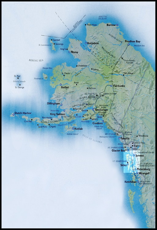Carte de l'Alaska avec, en encadré clair, la zone explorée par Lynn Schooler pour chercher l'ours bleu.