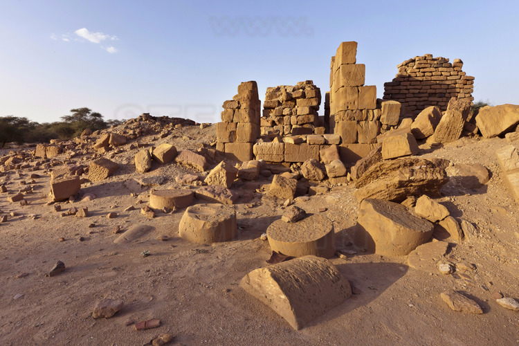 In the royal city of Meroe, Mr. Menno Welling, from ICOMOS, visits the Temple of Kushit Victory against the Roman province of Lower Nubia (Aswan and the first cataract). At the foot of these columns was discovered the famous bronze head of Emperor Augustus (see photo 40).