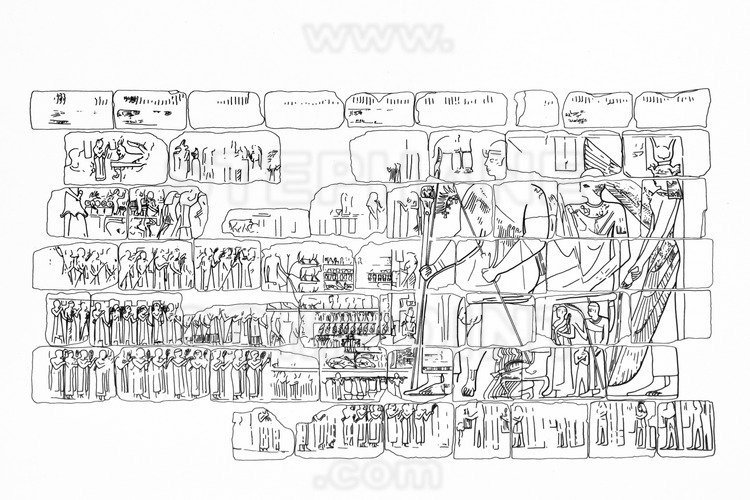 Cimetière royal nord de Méroe, pyramide de la reine Shakakdakhete (N. 11). Reliefs retrouvés à l'intérieur du mur sud de la chapelle funéraire et reconstitués. A droite, la reine, qui a régné sur le royaume au IIème siècle après JC. Elle est assise sur son trône et porte une robe richement décorée. Derrière elle, un autre personnage royal, probablement un prince.