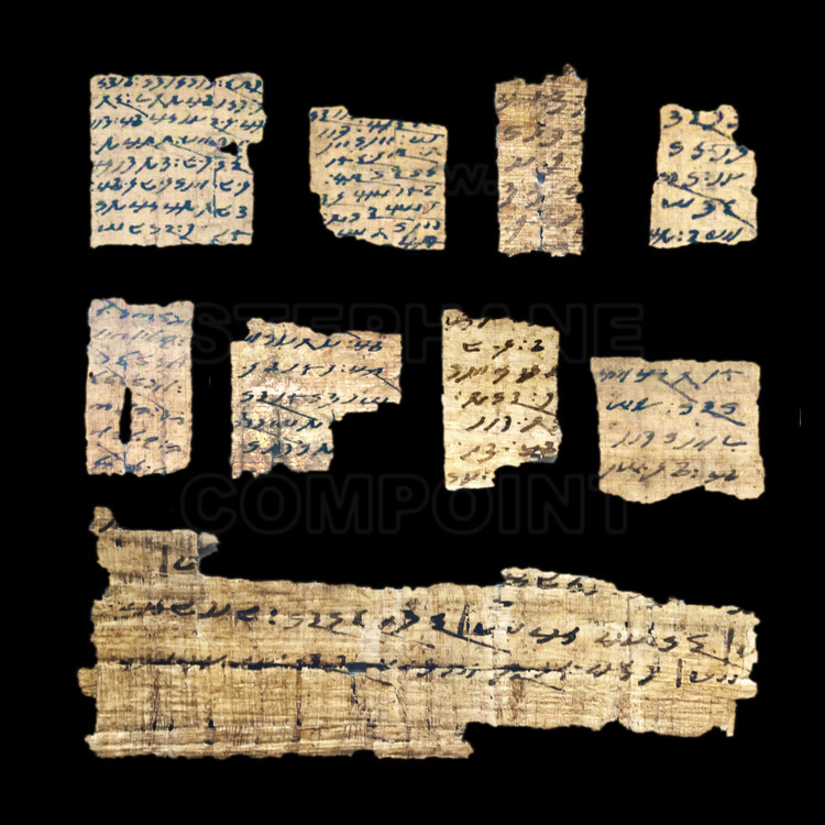 La langue méroïtique, « l'étrusque de l'Afrique », reste à élucider et demeure l'un des grands défis du déchiffrement des civilisations disparues. C'est à partir du IIe siècle av. J.-C. qu'apparaît à Méroé une écriture spécifique, qui se traduit par l'abandon des hiéroglyphes égyptiens au profit notamment de 23 signes alphabétiques nouveaux, proches de l'écriture égyptienne cursive (usage courant) et des hiéroglyphes égyptiens (usage royal et cultuel). On peut donc lire les textes, mais on ne les comprend toujours pas.
Ici, neuf fragments de papyrus avec le texte rédigé en écriture méroïtique (cursive). La plupart sont inscrits sur les deux faces.