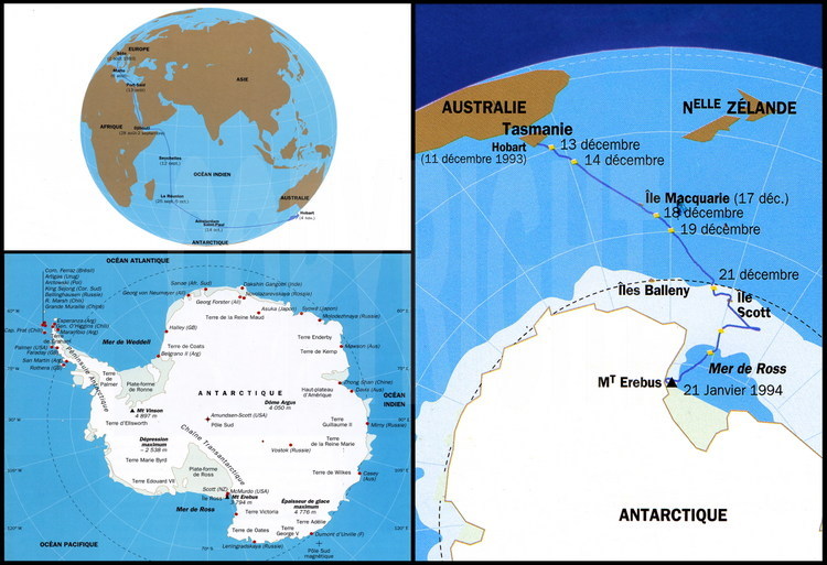 Itinéraire du voilier Antarctica depuis Hobart (Tasmanie) le 11 décembre 1993 jusqu'à l'île de Ross le 21 janvier 1994.