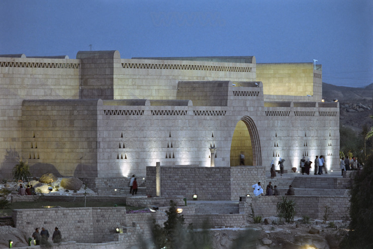 At dusk, the Nubia Museum in Aswan (Egypt), opened in 1997.