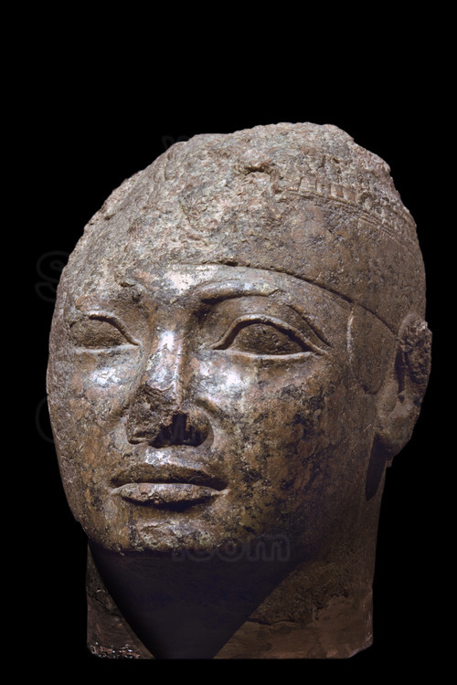 This granite head is attributed by art historians to King Shabataka, son of the famous Pi(ankhi) of the Kushite dynasty. He restored many religious buildings in Egypt, but left nothing in his own country of origin. 25th dynasty. Unknown provenance.