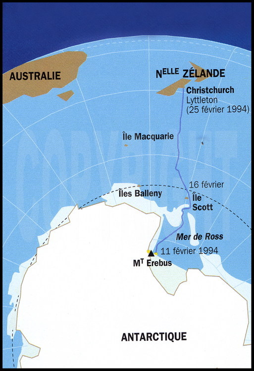 Situation et itinéraire du bateau depuis l'île de Ross, le 11 février jusqu'à Christchurch, en Nouvelle Zélande, le 25 février.