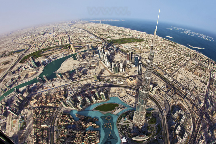 Aerial view over Burj Khalifa, tallest in the world with 828 meters, and the new district 