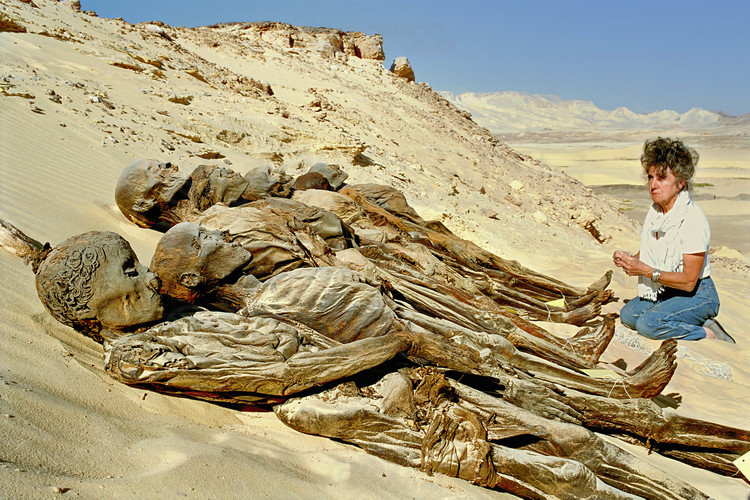 Site d'Ain Labakha. L'archéologue et historienne Françoise Dunand prend soin de numéroter chaque momie avant de la transporter hors de sa tombe. après l'examen médical, elle l'y réinstallera à son exact emplacement avec le plus grand respect. En arrière plan, le désert de Libye.