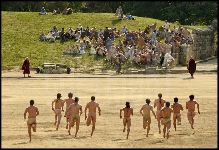 The stadion race (192m) was the most important competition of the ancient games.  The athletes are halfway through the race.
