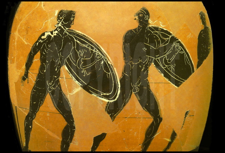 Close-up of the hysplex on a Greek vase, represented by the two rails in front of the runners at the starting line.