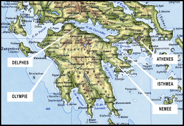Carte du sud de la Grèce indiquant les cinq sites où avaient lieu les jeux dans l’Antiquité, entre les VIIIe siècle avant J.C. et IIIe siècle après J.C.
