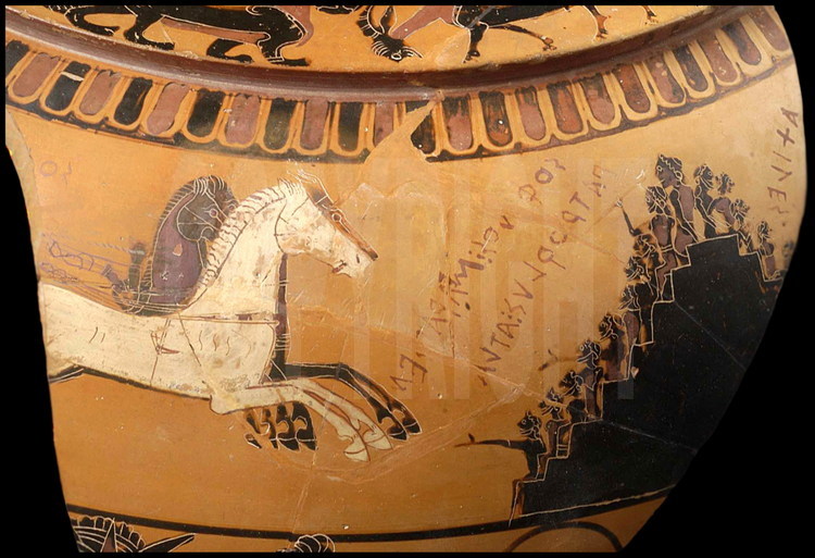 The link between the ancient games and funeral rites is confirmed by the organization of the funeral games in honor of the heroes who died in combat.  This Sophilos vase fragment describes a chariot race which took place before the assembly of the Acheens in honor of Patrocle. National Archeological Museum of Delphi.