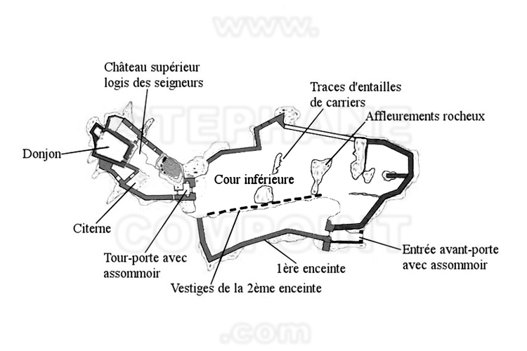 Ariège (09) - Château de Roquefixade. Plan du site. // France - Ariège (09) - Roquefixade castle. Site map.