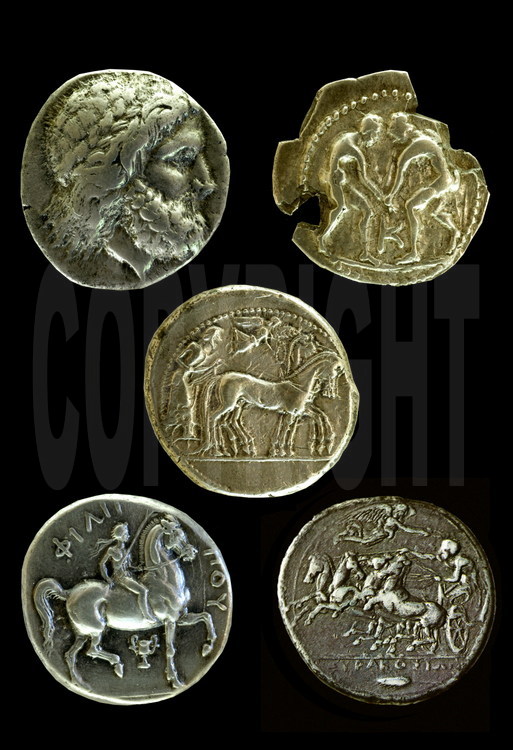 Close-ups of Greek coins from the Classical Era showing different sports from the ancient Games.  On the top left, a representation of Zeus, in whose honor the Olympic Games were celebrated.  Archaeological Museum of Olympia.