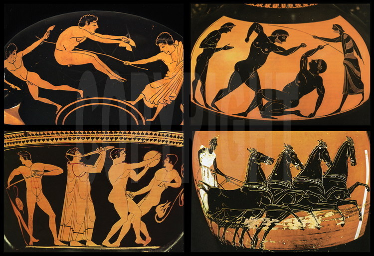 Close-ups of Greek vases from the Classical Era representing different sports from the ancient Games.  From left to right and from top to bottom:
-Athletes and hellanodice (referees) during the jumping competition.  Museum of Fine Arts Boston.  
-During the pancrace competition (a mix of wrestling and boxing), one of the two adversaries shows his withdrawal by raising his finger.  On the right, the hellanodice.  Museum of Fine Arts, Boston.  
-In the gymnasium and the palestra, the athletes train to the rhythm of the flute player, the aulos.  National Museum of Denmark, Copenhagen.  
-The chariot race.  The charioteer, the only dressed athlete of the Games, is ready to negotiate the turn taken by the right post, a decisive moment of the race.  British Museum, London.