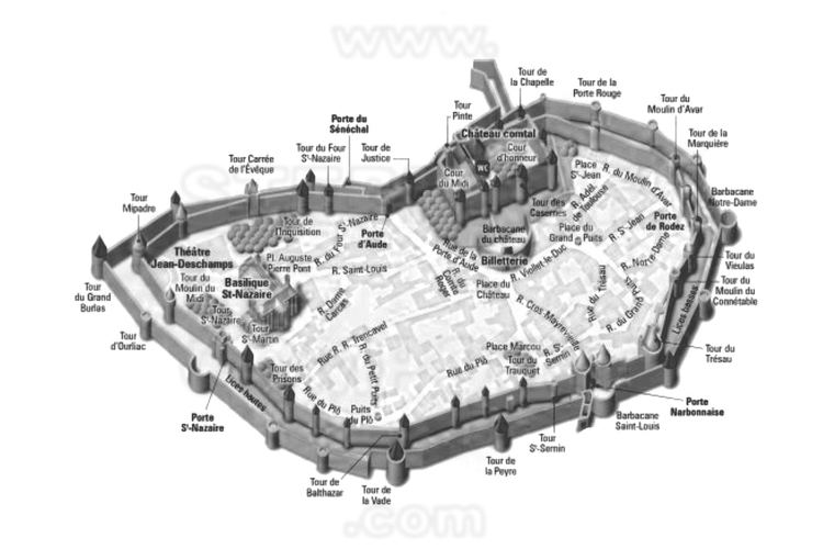 Aude (11) - Cité et château de Carcassonne, déja classés au patrimoine mondial. Plan du site. // France - Aude (11) - City and castle of Carcassonne, already classified au patrimoine mondial. Site map.