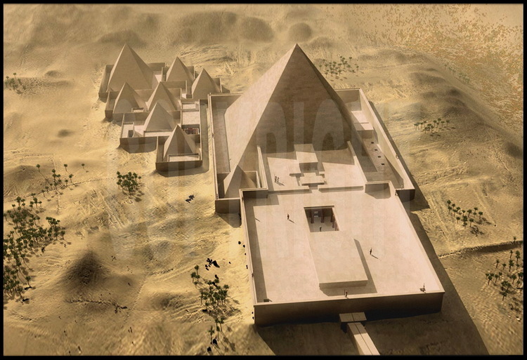 Image de synthèse du complexe funéraire et de la pyramide du Pharaon Pépy 1er. Au premier plan, le temple funéraire. En arrière plan, les pyramides des reines.