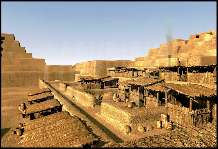 Site archéologique de Cahuachi, région de Nazca, Pérou.
Reconstitutions en 3D de la cité religieuse de Cahuachi, qui symbolise l’âge d’or de la civilisation Nazca. Situé à 12 km des principaux géoglyphes de la Pampa Jumana, le site, étendu sur 24 km carrés est l’un des plus vastes du monde construits en adobe (briques de terre non cuite).
A la suite d’un tremblement de terre au 3ème siècle après JC, puis d’une immense crue provenant des Andes au 4ème siècle après JC, le centre fut déserté par les autorités religieuses vers l’an 350. A partir de cette époque commence un profond changement dans la vie politique, économique et religieuse de la civilisation Nazca.
