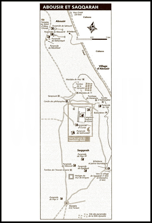 Carte des nécropoles funéraires de Sakkarah Nord, Sakkarah Sud et Abousir.