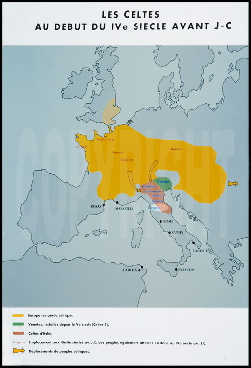 Carte du monde celte au début du IV siècle avant J.C. En clair, la zone de fouilles des monts Apennins dirigées par l’archéologue italien Daniele Vitali, situées aux frontières antiques des communautés celtes et étrusques.