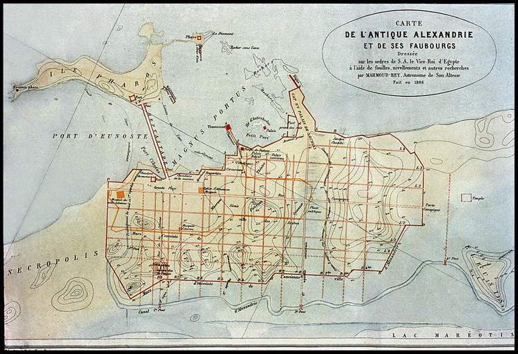 Carte de la ville d'Alexandrie durant l'antiquité. A gauche, Necropolis.