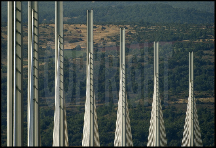 Culminants à une altitude de 340 mètres, les sept pylônes supérieurs du Viaduc de Millau ont comme une allure de gréement de voilier géant. En arrière plan, le Causse rouge (rive nord).