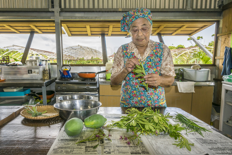 Japon - Yaeyama Islands - Okinawa - Ishigaki Island : à la ferme Mantaka, Mme Tamako Takamishi cuisine des plats végetariens traditionnels de qualité.