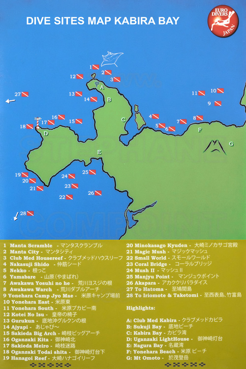 Japon - Yaeyama Islands - Okinawa - Ishigaki Island - carte des spots de plongée autour de Kabira Bay.
