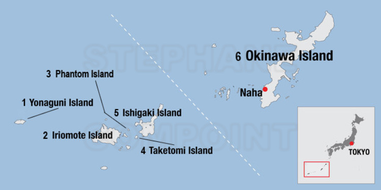 Japon - Carte de l'archipel des Yaeyama Islands et de l'île d'Okinawa.