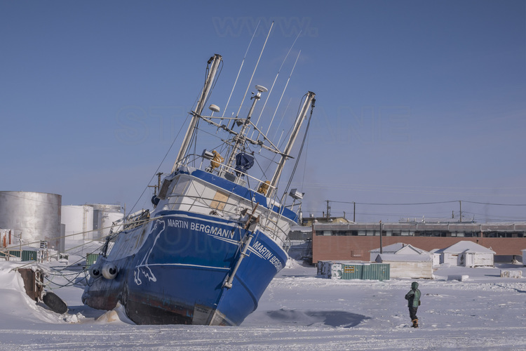 Canada - State of Nunavut - Operation Nunalivut 2018 - The village of Cambridge Bay (1700 inhabitants), the main community on the Northwest Passage. The scientific boat Martin Bergmann caught in the ice.