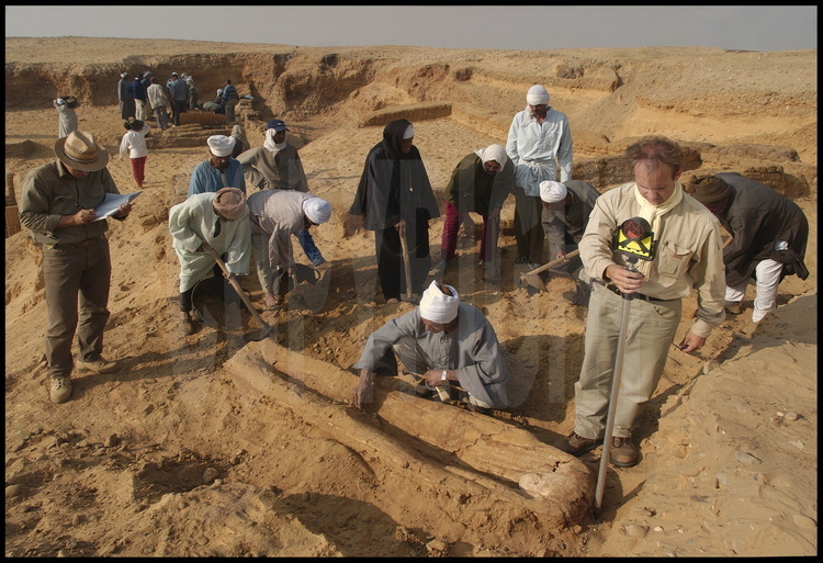 Sur le site de Tabbet al-Guech, la fouille stratigraphique (couche après couche, de la plus récente à la plus ancienne) a commencé. A moins de 50 cm de la surface, les archéologues mettent au jour une nécropole oubliée datant de la Basse Epoque ou époque saïte ( 750-732 av. J.C.). Ici, un autre sarcophage en bois. Les archéologues enregistrent  les détails de la découverte et prennent des mesures pour placer le sarcophage sur les plans de la fouille. Chaque objet est aussi photographié sur place pour être archivé.