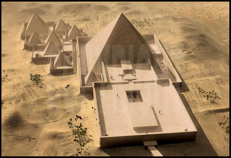 Virtual representation of the funerary monument of Pepi I, the successor of Userkare, at the time of the VIth dynasty at the end of the Old Kingdom. In South Saqqara these  monuments are in bad shape but they remain the only link to the past. The site of Pepi-Men-Nefer, meaning “balanced and perfect” and also the Greek name of Memphis was excavated by French archeologists J. Leclant and A. Labrousse and was terribly damaged by quarriers, but modern-day technologies allow scientists to rebuild the past with minimal damage and understand the daily lives of Egyptians in the Old Kingdom. 4300 years ago, the funerary complex of a king, dominated by the pyramid, served as a crossroads for trade, the arts, and religion. High ranking officials, priests, scribes and architects were inhumed around the king’s pyramid (queens, of whom there were many in the days of Pepi I, even got their own smaller pyramids). The entire country’s population was at the service of the pharaoh. Daily life carried on in the valley, along the banks of the Nile and a stone’s throw from the necropolis. 
© Gédéon Programmes.