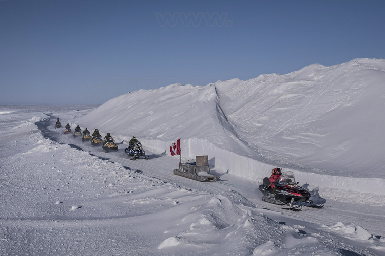 Canada - State of Nunavut - Operation NUNALIVUT 2018 - Surroundings of Cambridge Bay - Led by Jimmy Evalik, 59, Ranger Chief of the Cambridge Bay area, the snowmobile patrol heads to the planned location for the survival camp n ° 2.