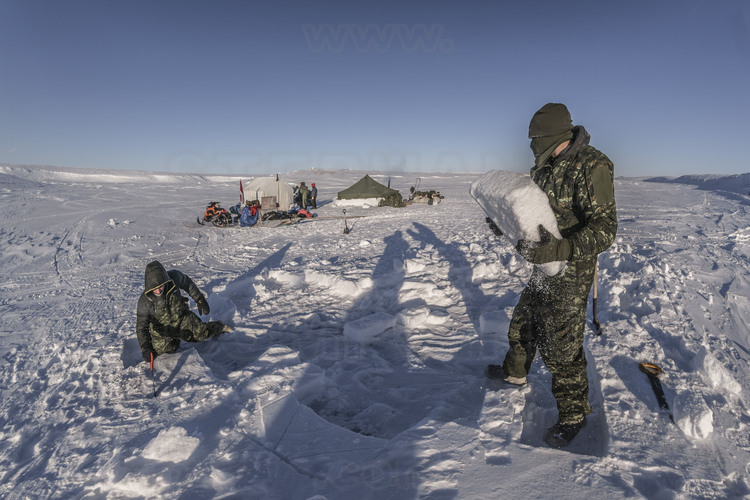Canada - State of Nunavut - Operation NUNALIVUT 2018 - Surroundings of Cambridge Bay - Survival Camp 2, located on a bay in the Northwest Passage. The soldiers cut snow blocks with the saw: these will be used to strengthen the sides of the tents and build an emergency igloo.