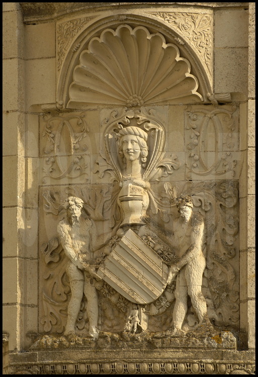 Sur le fronton de l’entrée principale du Château de Chaumont, les emblèmes de Diane de Poitiers, qui fût un temps propriétaire des lieux, quand Catherine de Médicis lui proposa en échange de Chenonceau. D'allure médiévale, il a été construit au XVe siècle. Les ailes Nord et Ouest ont été édifiées de 1469 à 1481 ainsi que les tours, massives et dotées de mâchicoulis et de chemins de ronde. La porte d'entrée, précédée d'un double pont-levis, est enserrée par deux grosses tours.